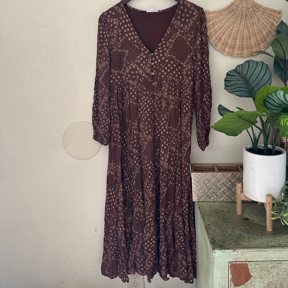 BROWN PAISLEY WESTERN coachella button front longsleeve maxi dress